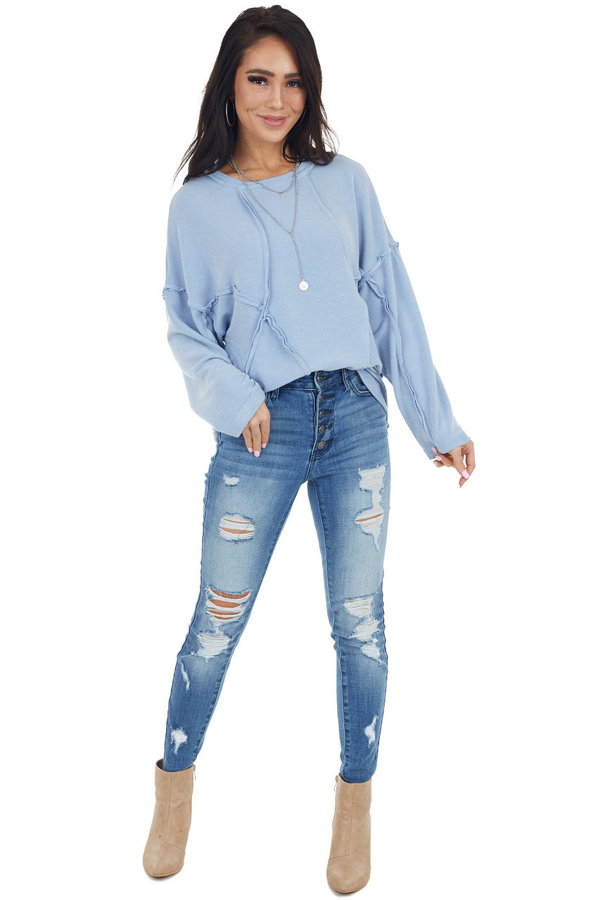 Powder Blue French Terry Knit Top with Raw Edge Details