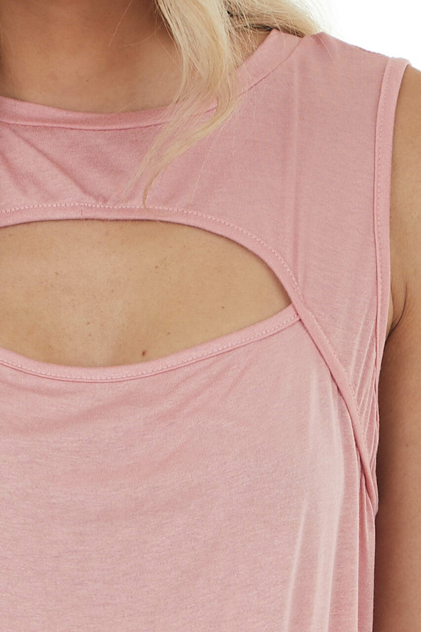 Baby Pink Sleeveless Stretchy Knit Top with Cut Out Detail