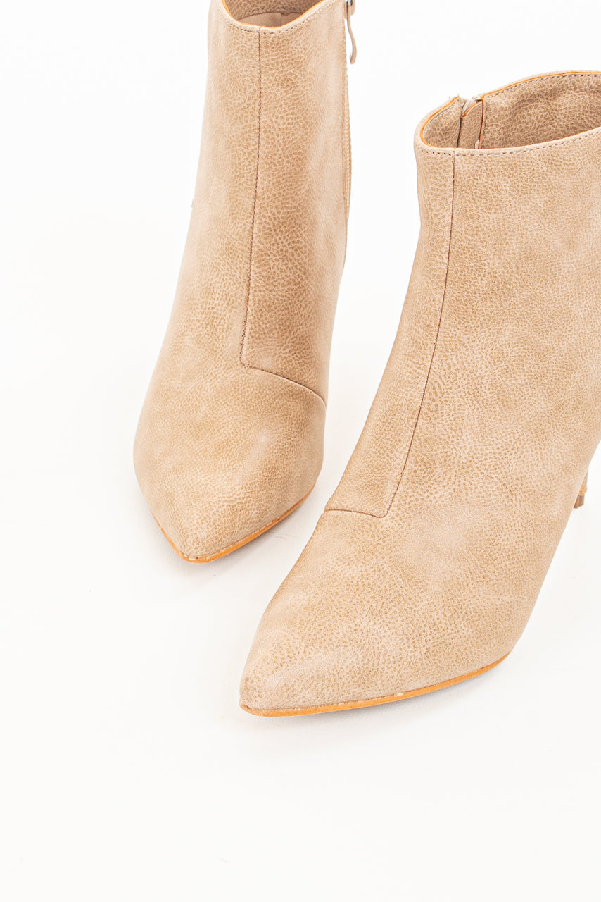 Beige Faux Leather Heeled Booties with Pointed Toe