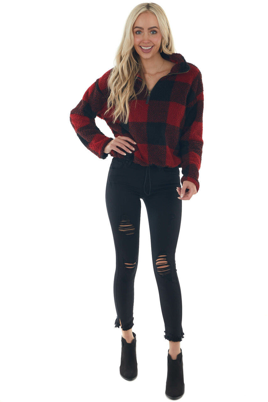 Cranberry Buffalo Plaid Sherpa Pullover Jacket