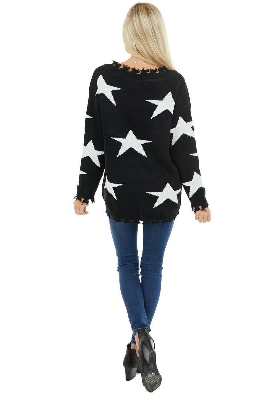 Black and Ivory Star Print Sweater Top with Fringe Detail
