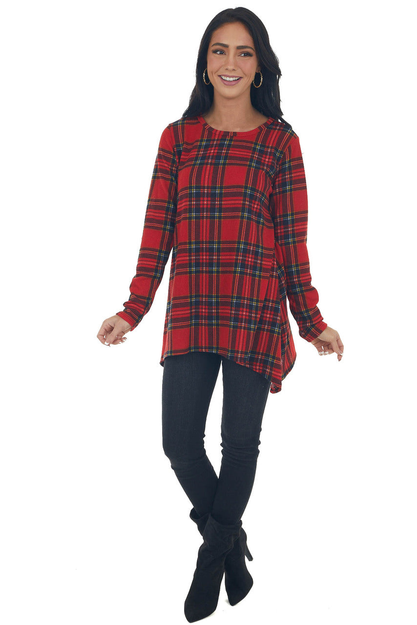Ruby Plaid Knit Top with Handkerchief Hemline