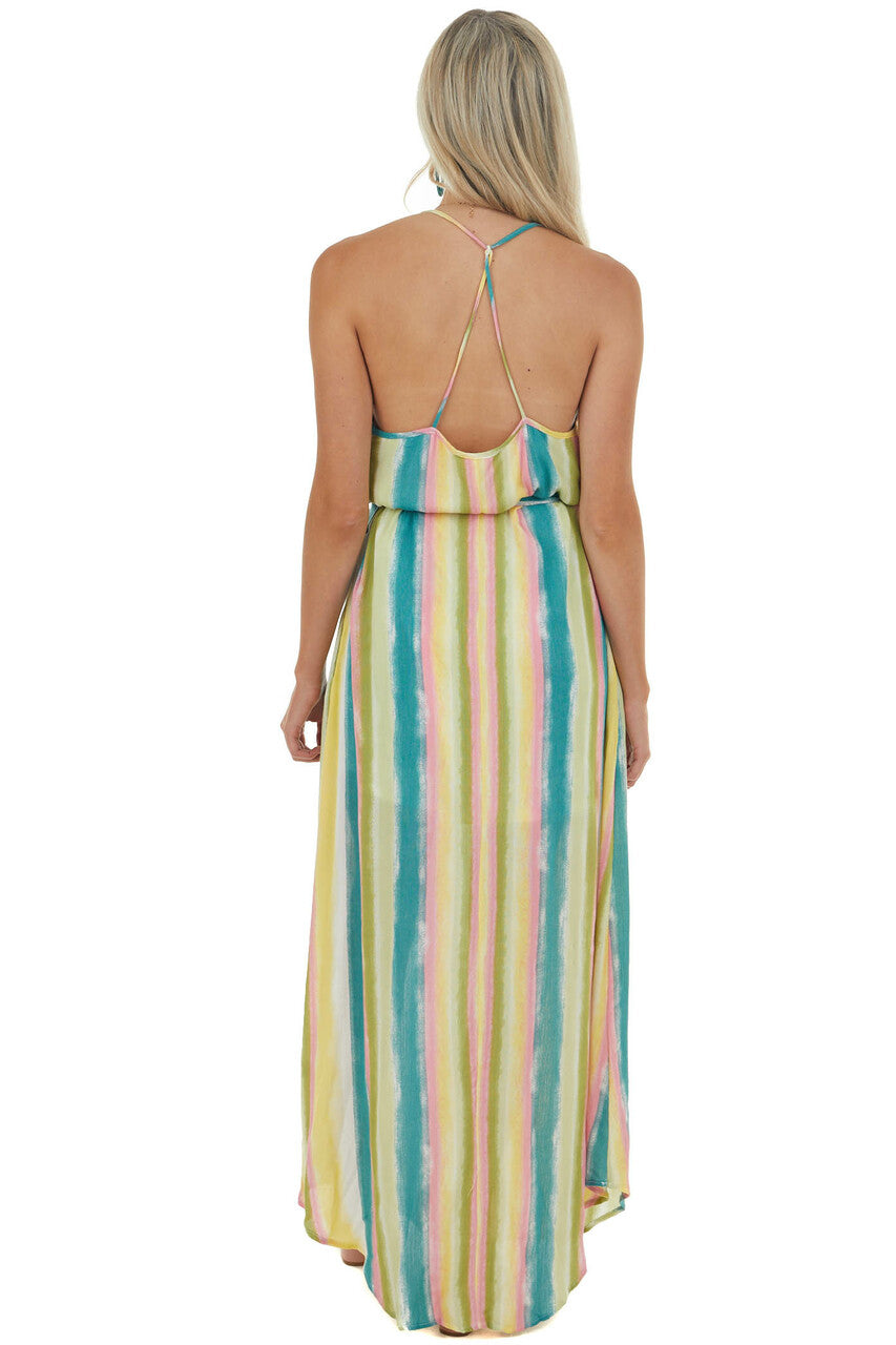 Sea Blue Striped Maxi Dress with Tie Waist