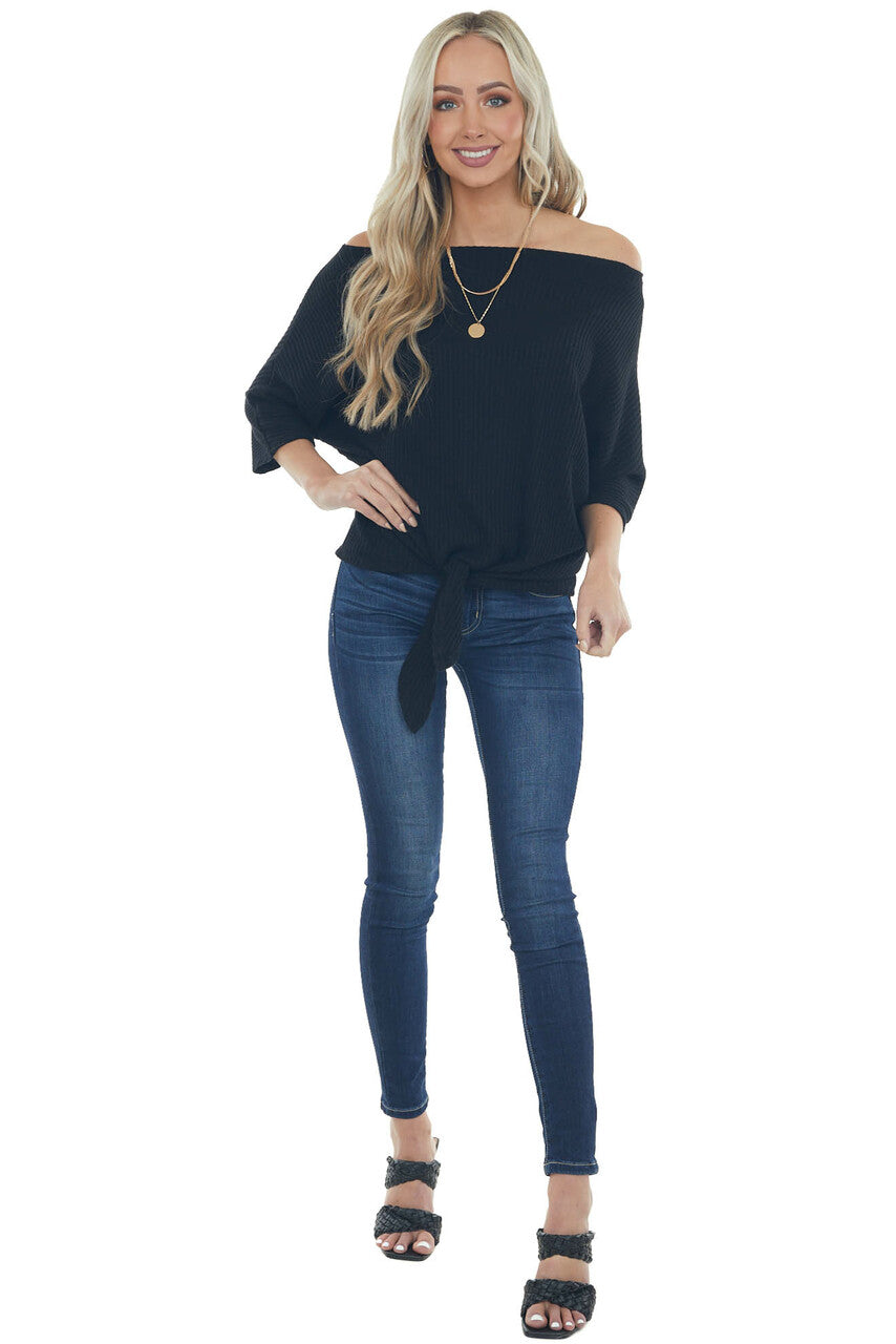 Black Waffle Knit Boat Neck Top with Tie