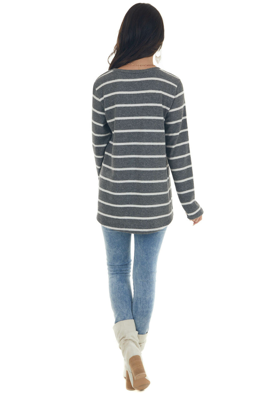Graphite Striped Brushed Knit V Neckline Top