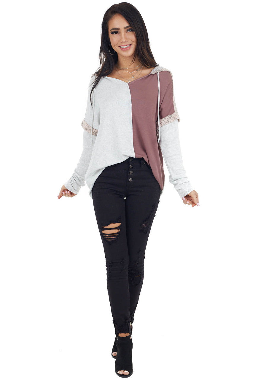 Marsala Colorblock Long Sleeve Hoodie with Cheetah Print