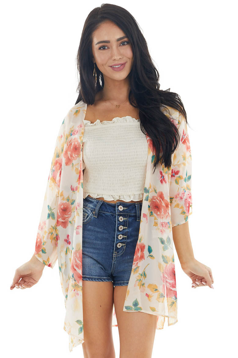 Light Blush Floral Print Lightweight Open Front Kimono
