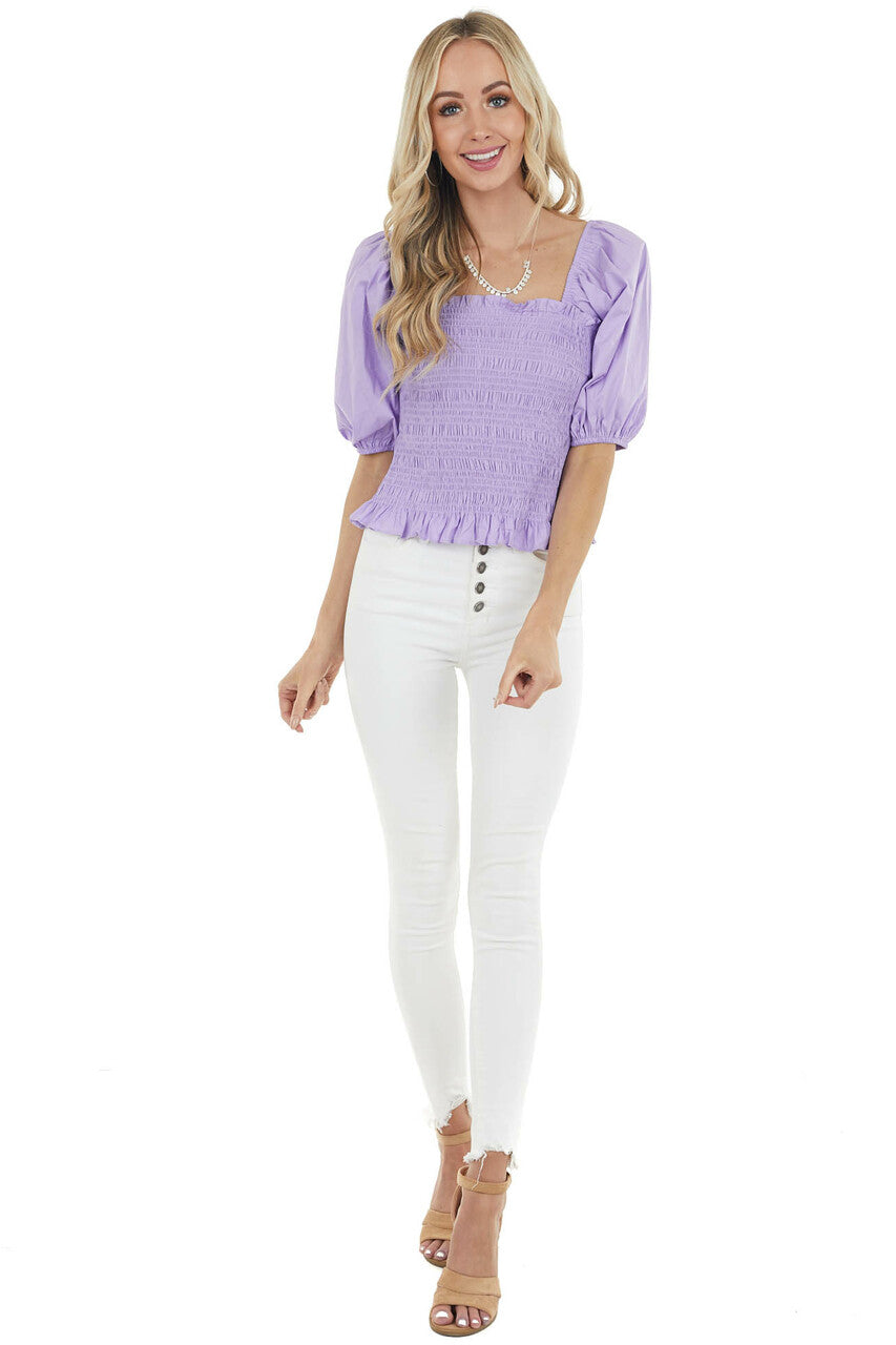 Lavender Square Neck Blouse with Smocked Bodice Detail