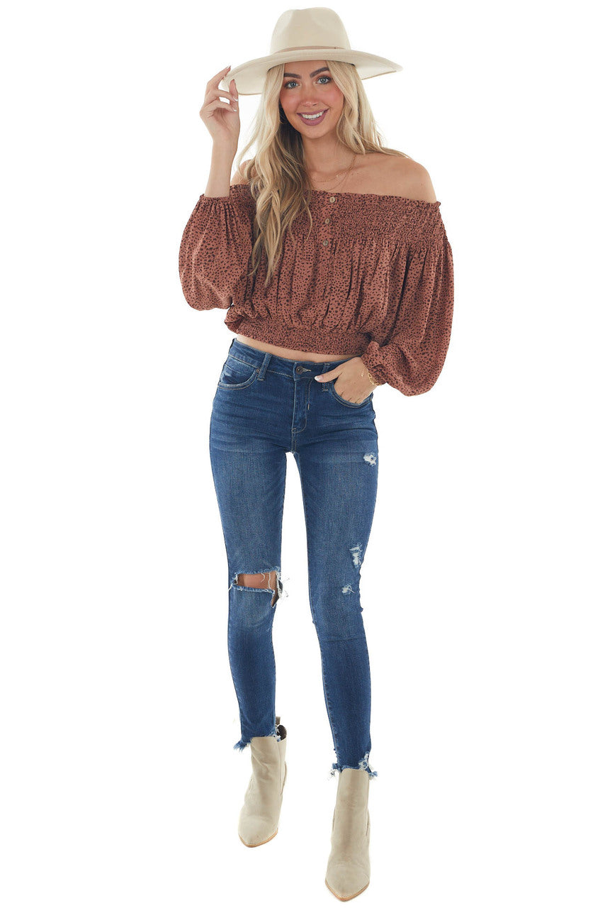 Chestnut Printed Smocked Off Shoulder Blouse