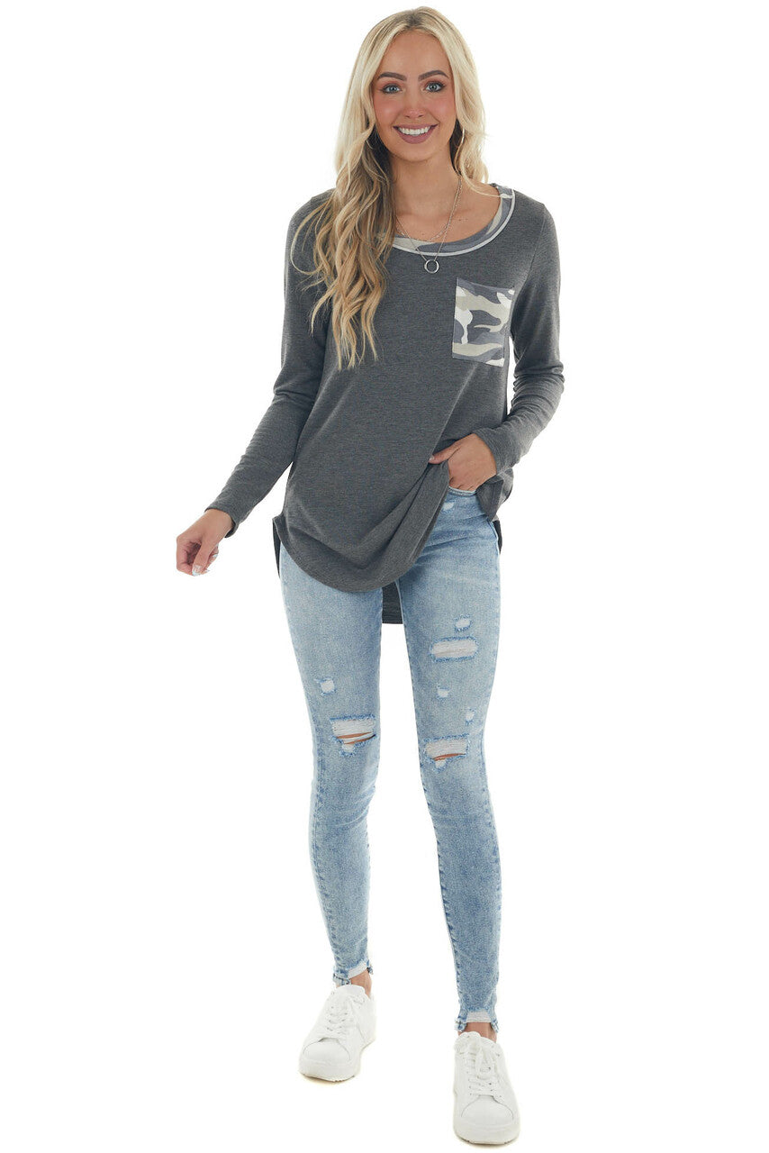 Graphite Camo Contrast Long Sleeve Knit Top