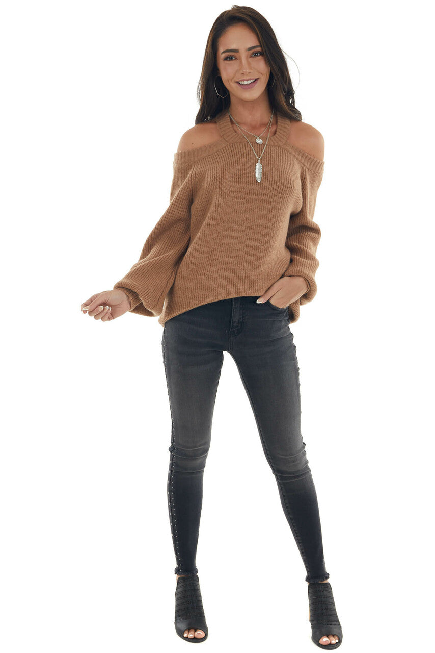 Brown Sugar Cold Shoulder Puff Sleeve Sweater