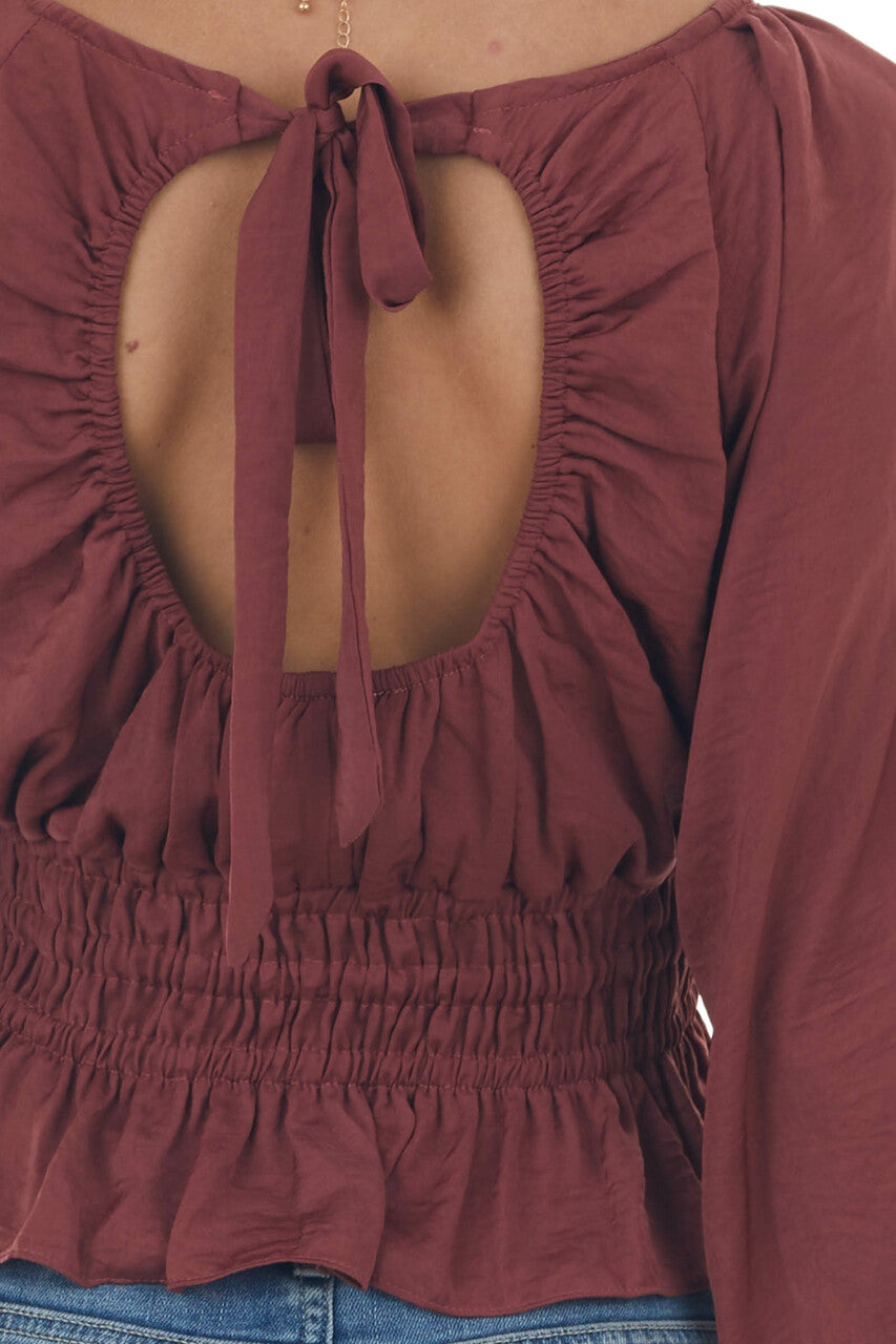 Marsala Open Back Smocked Peplum Silky Blouse 