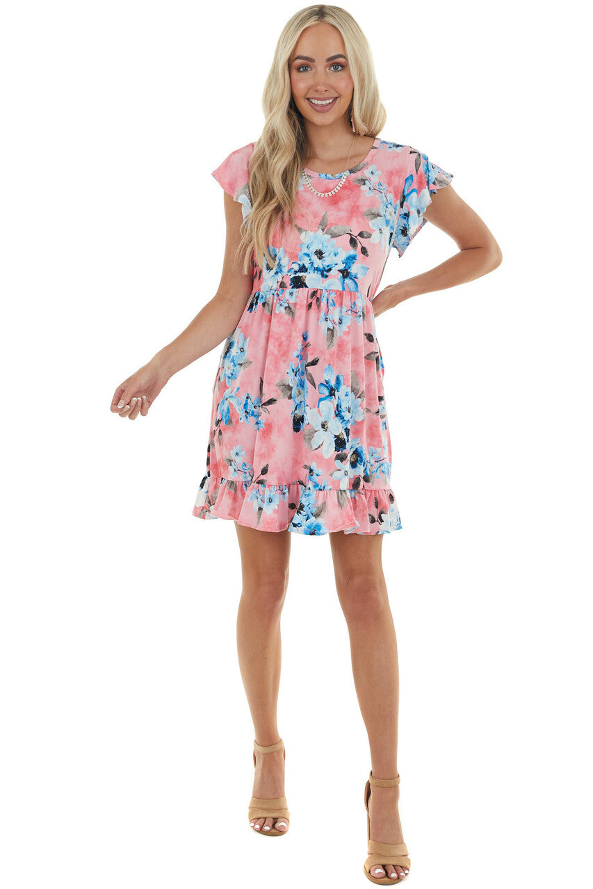 Watermelon Floral Short Dress with Pockets