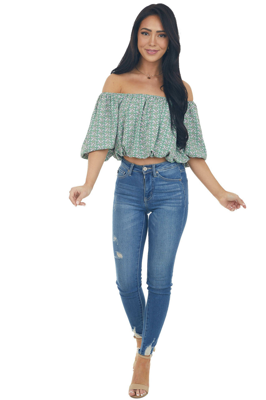 Jade Ditsy Floral Print Boat Neck Crop Top