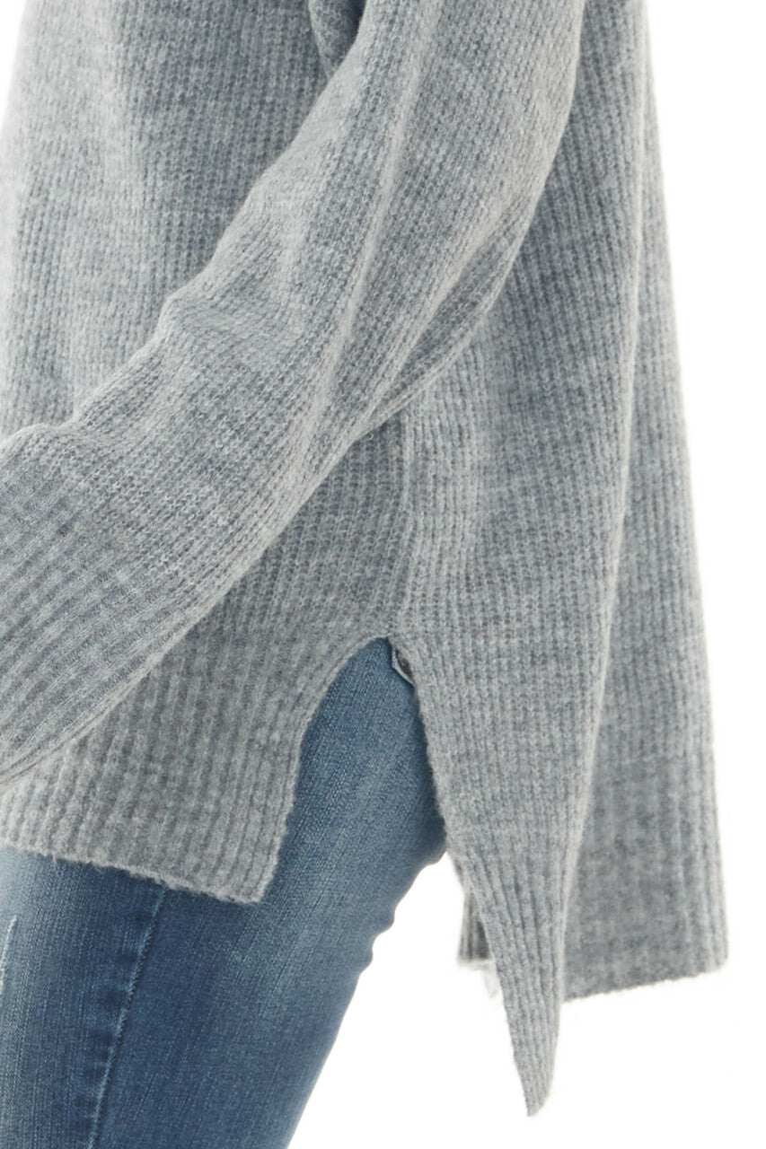 Dove Grey V Neck High Low Hem Ribbed Sweater