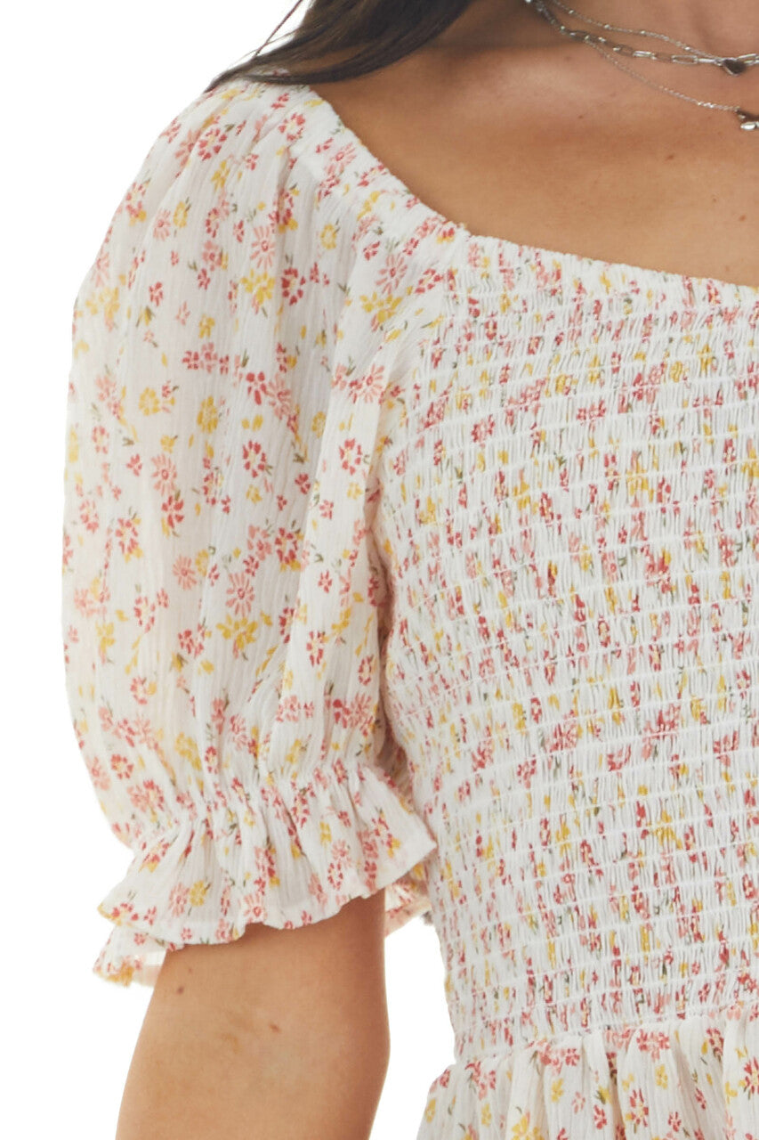 Ivory Ditsy Floral Print Smocked Textured Woven Blouse