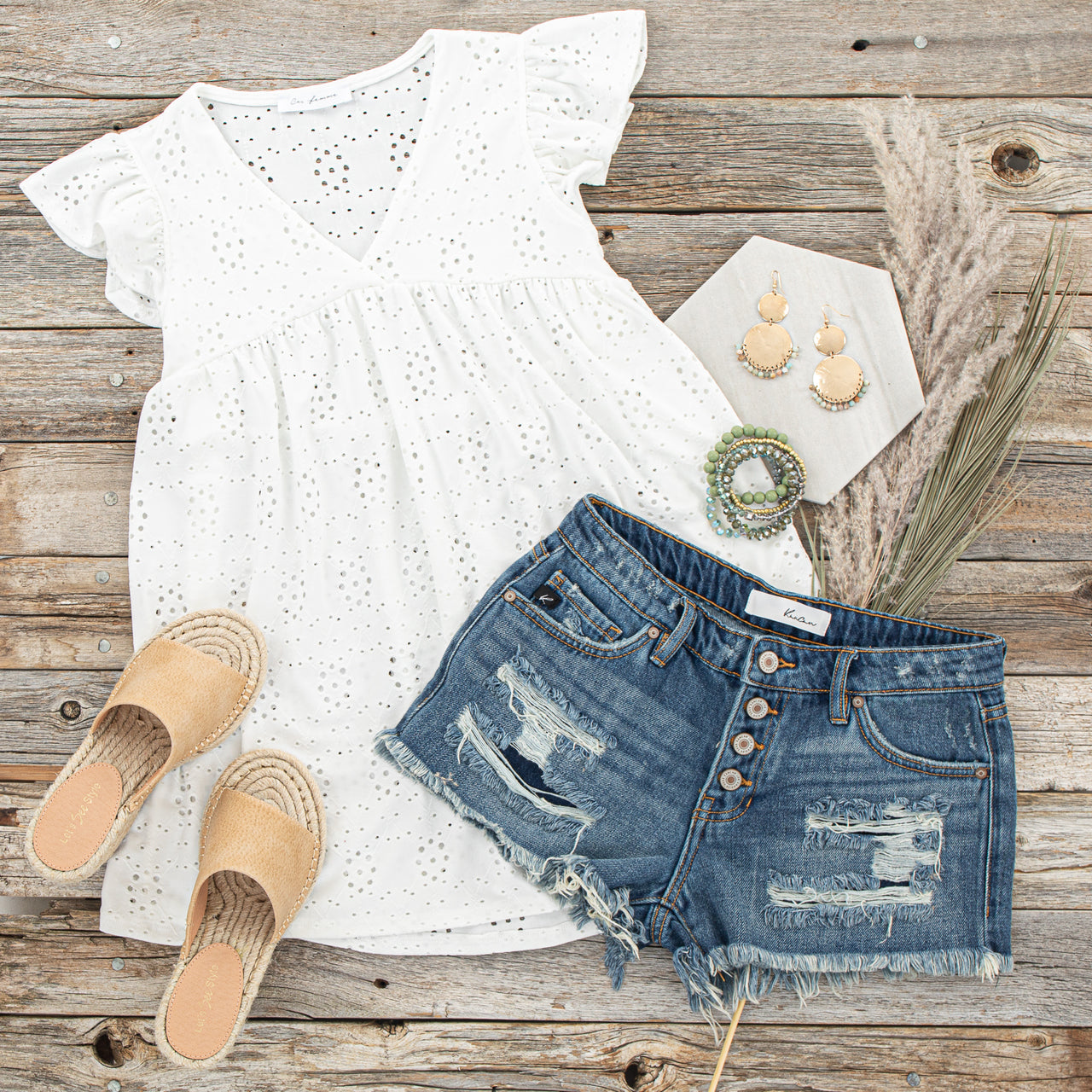 Pearl Short Flutter Sleeve Babydoll Eyelet Lace Knit Top