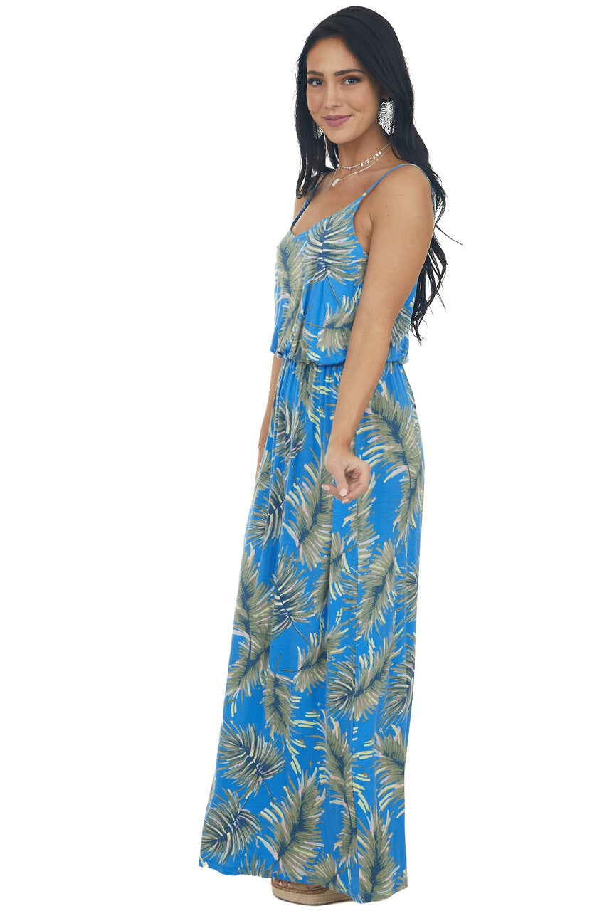 Cobalt Blue Leaf Print Maxi Dress with Straps