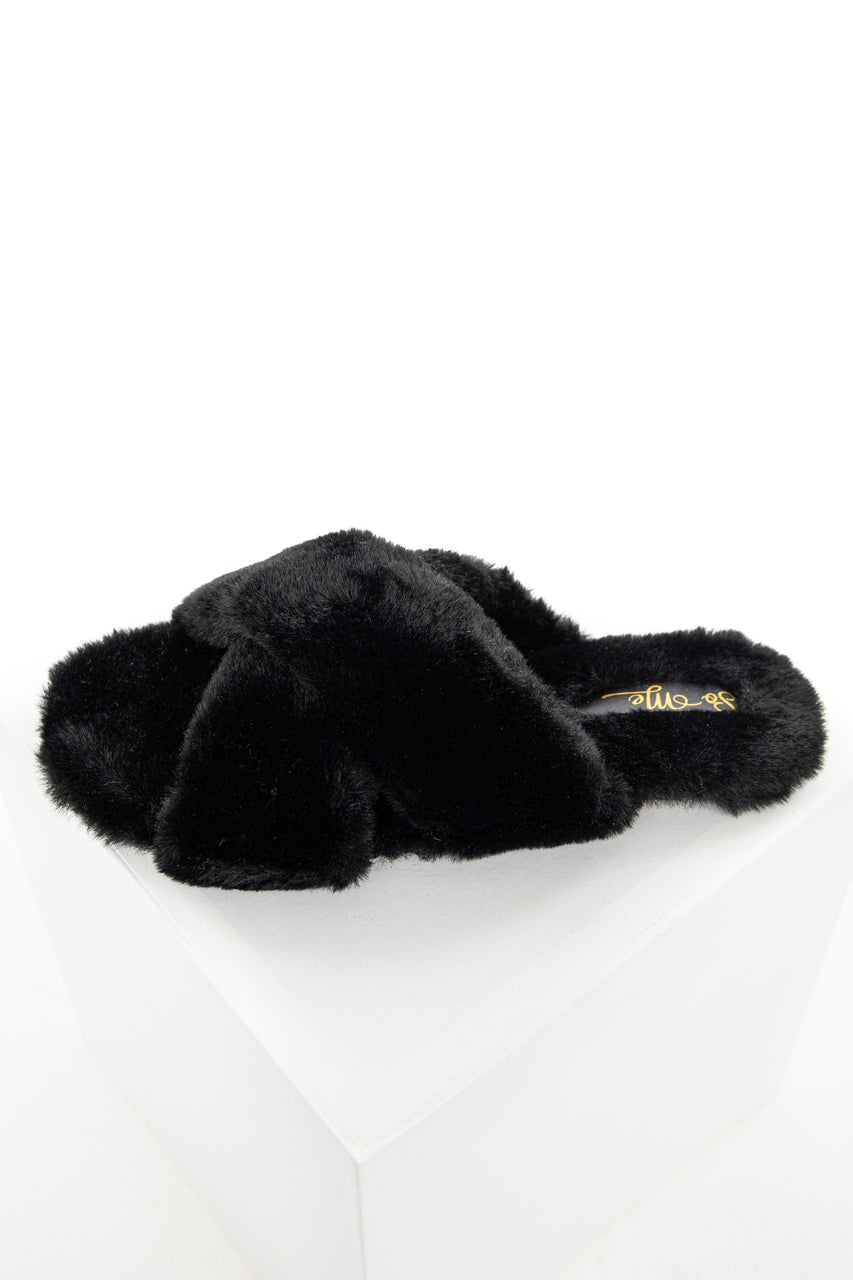 Black Fuzzy Open Toed Slippers with Criss Cross Tops