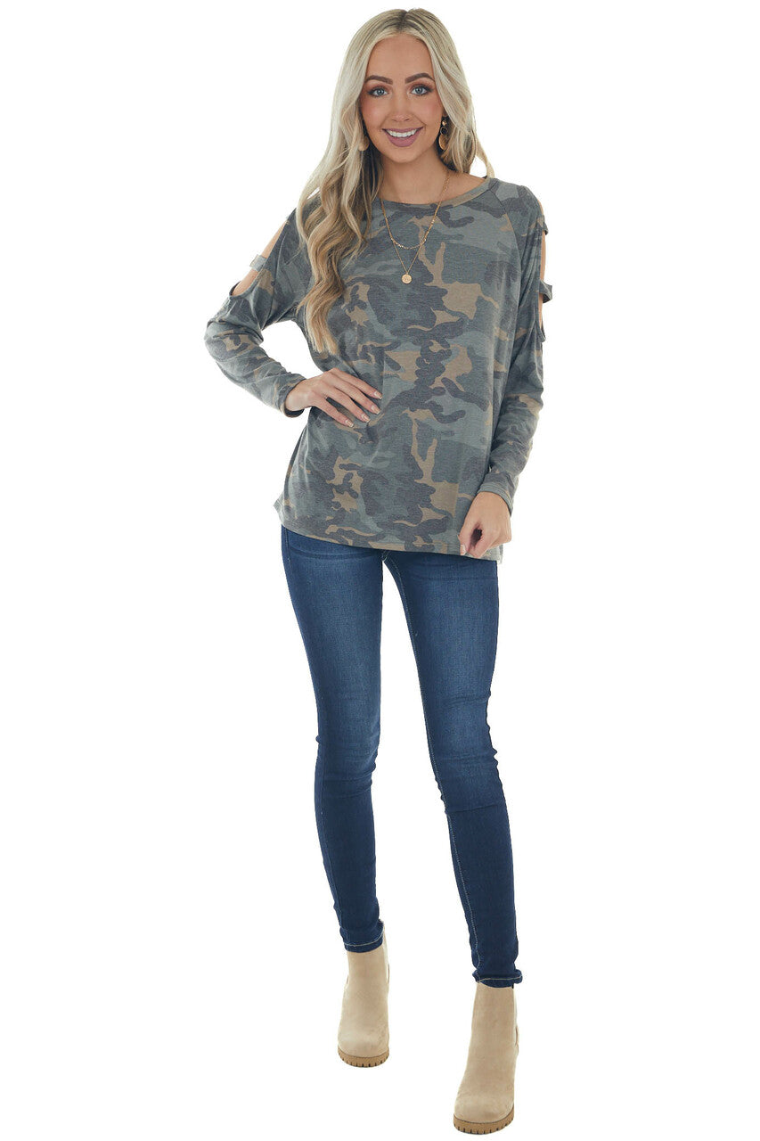 Olive Camo Raglan Sleeve Ladder Cut Out Top