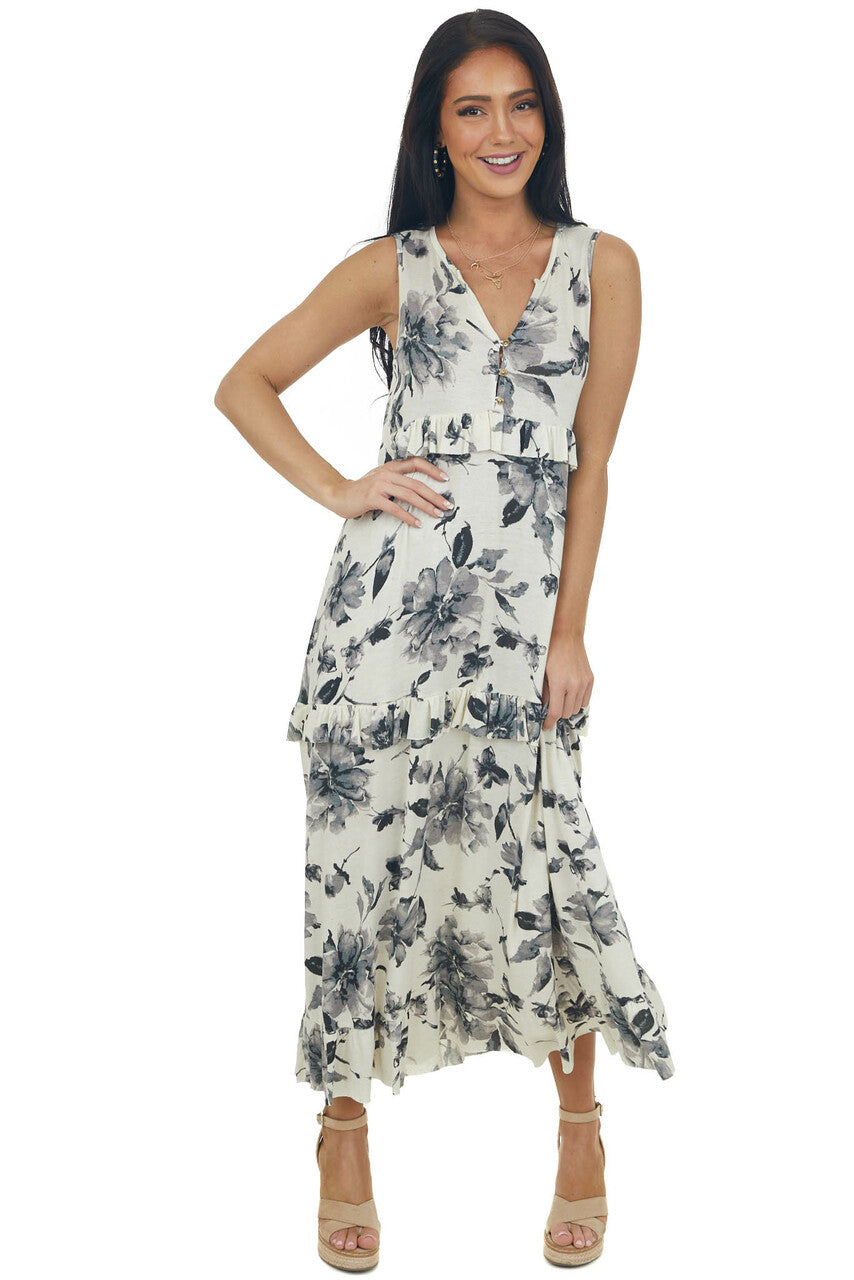 Champagne Floral Sleeveless Tiered Midi Dress