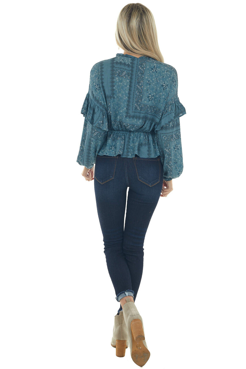 Sea Blue Printed Long Sleeve Peplum Fit Blouse