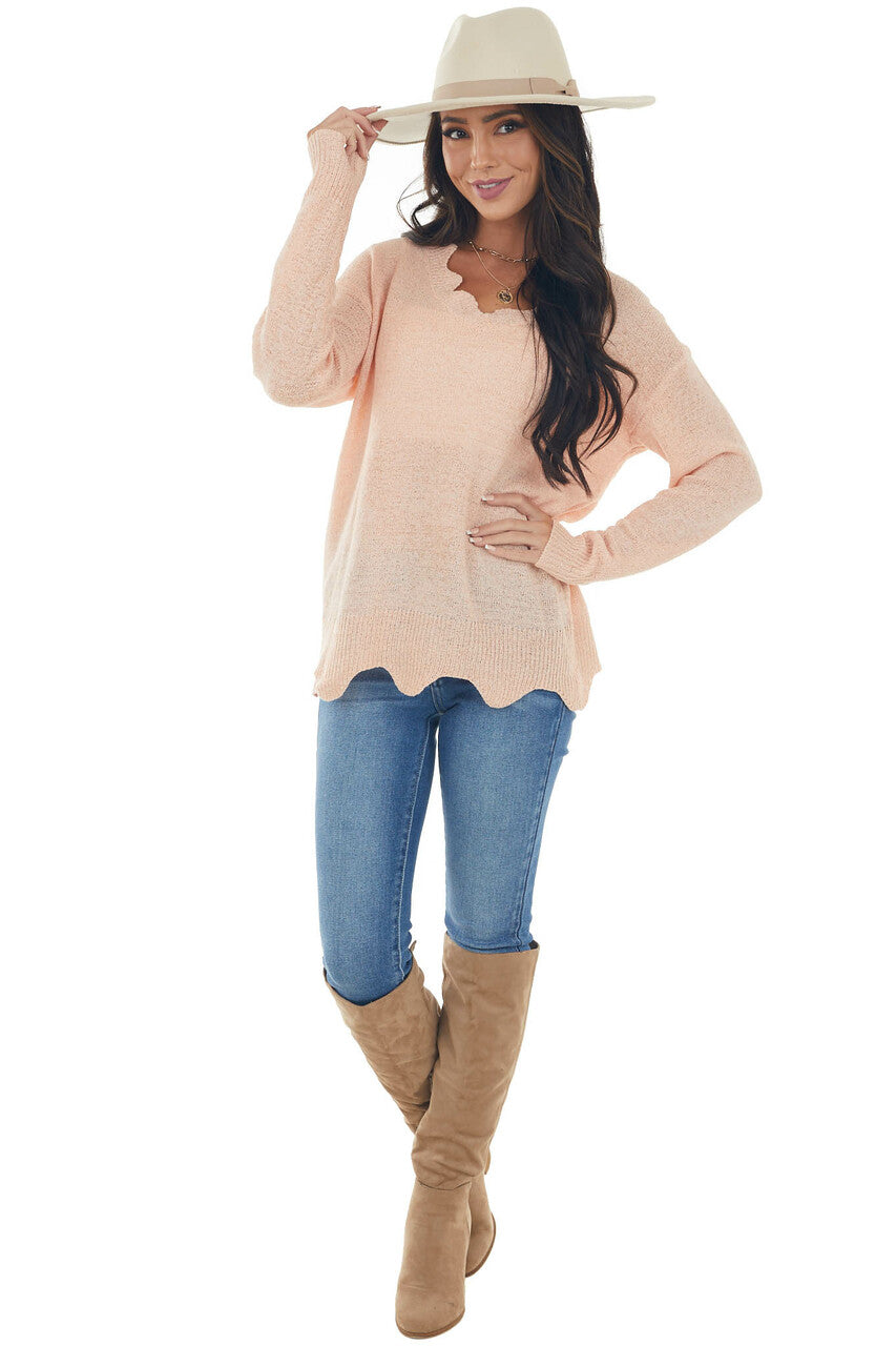 Peach V Neck Sweater with Scallop Details