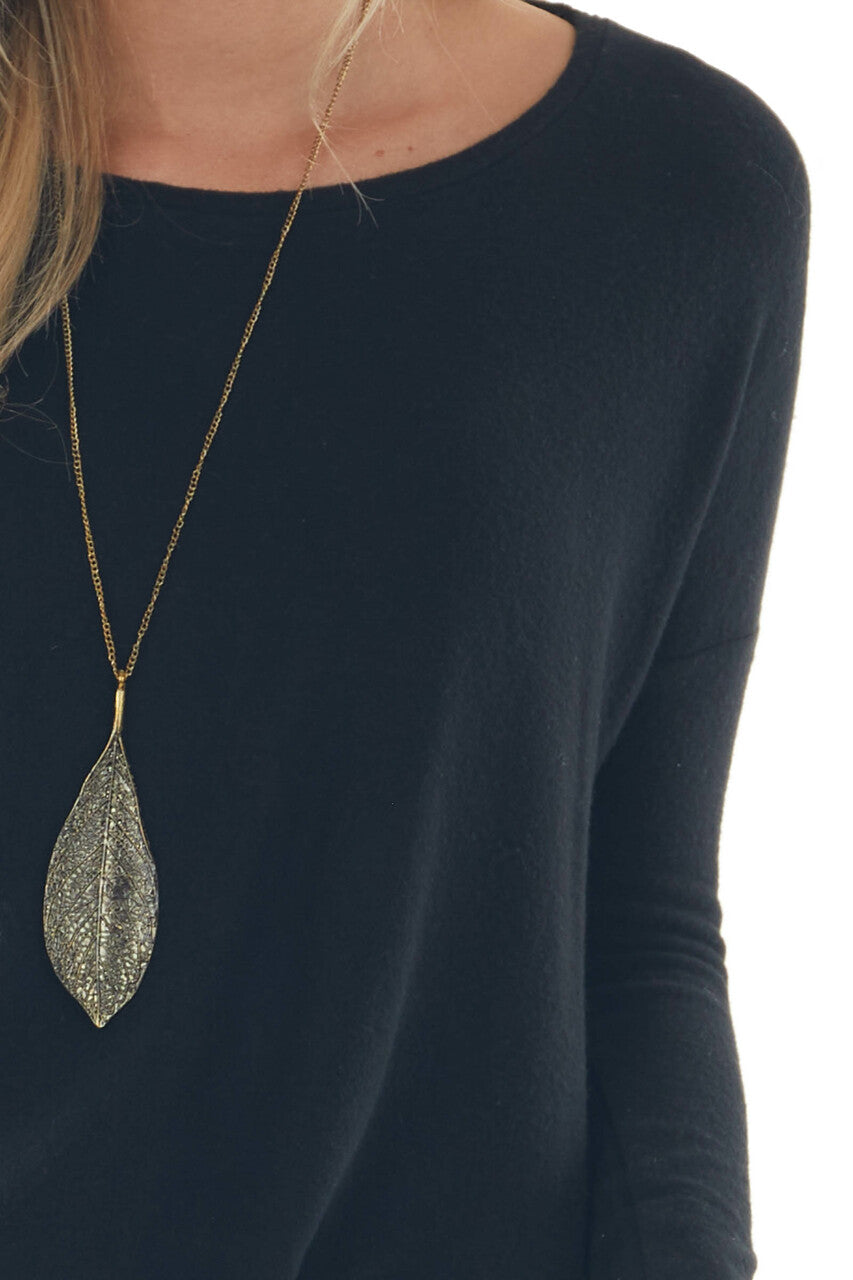 Black Brushed Knit Top with High Low Hemline 