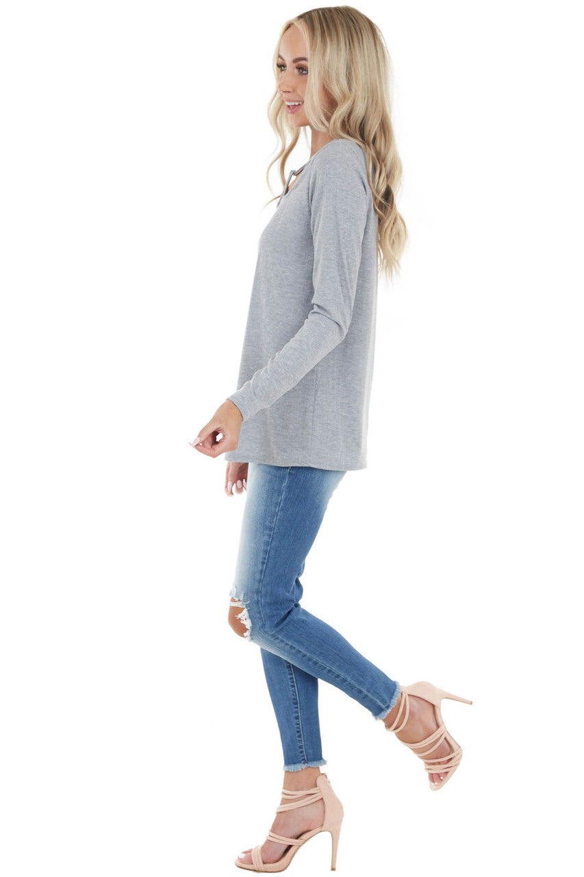 Dove Grey Long Sleeve Textured Knit Top with Chest Cutout 