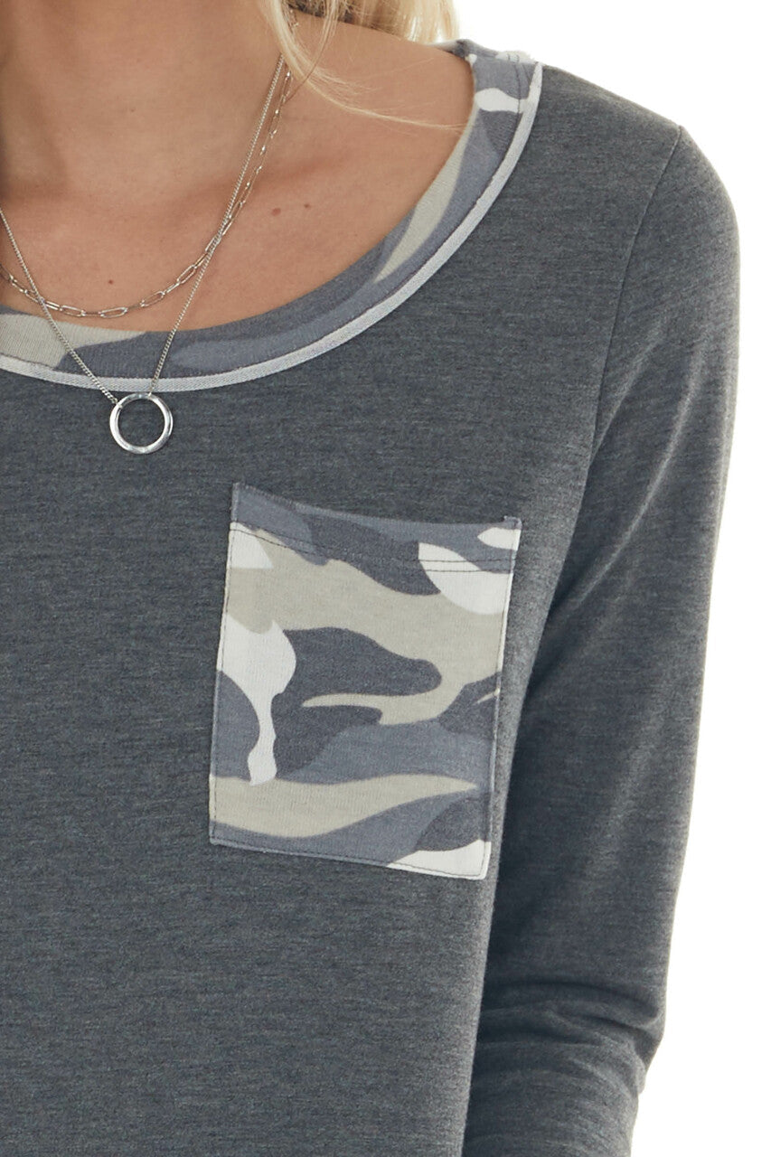 Graphite Camo Contrast Long Sleeve Knit Top