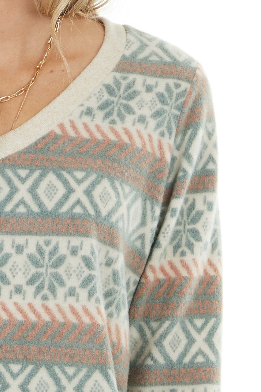 Faded Pine Green Long Sleeve Fleece Fair Isle Knit Top