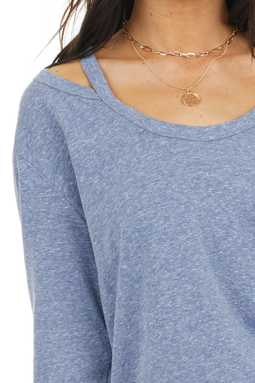 Dusty Blue Shoulder Cutout Long Sleeve Stretchy Knit Top