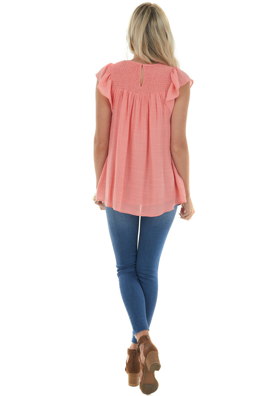 Coral Smocked Cap Sleeve Woven Blouse