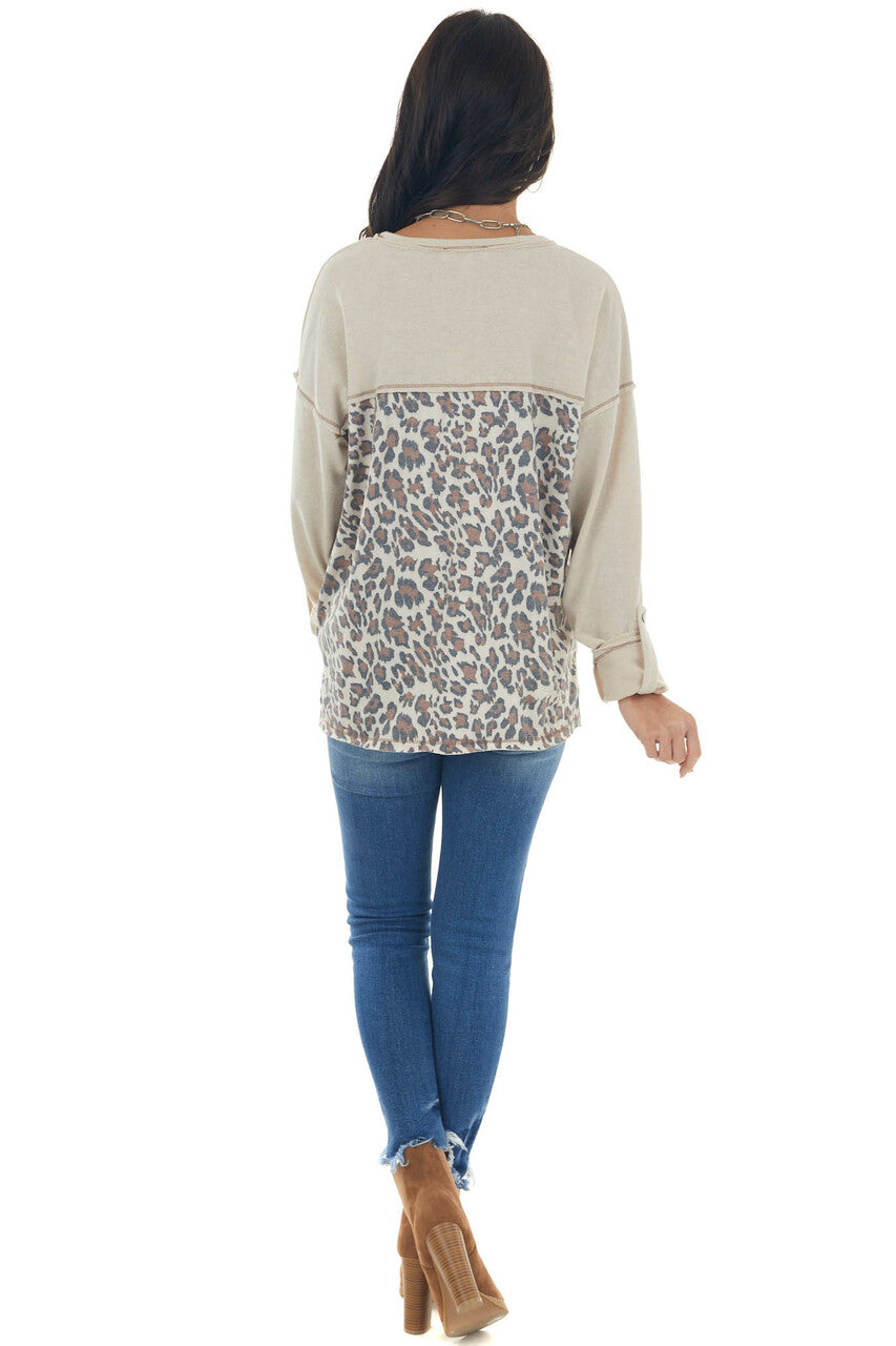 Almond Long Sleeve Top with Leopard Print Back 