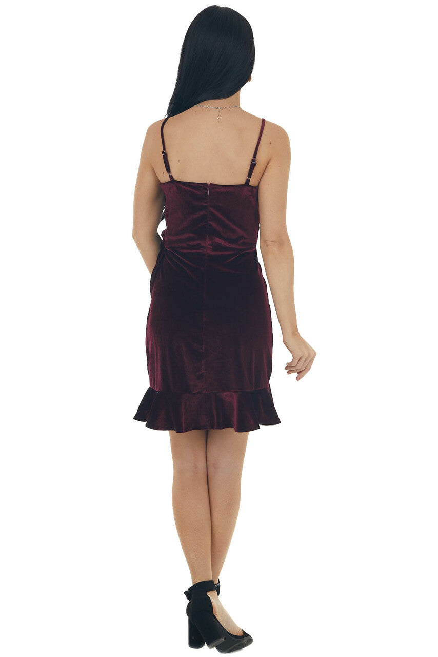 Wine Surplice Wrap Tie Velvet Mini Dress
