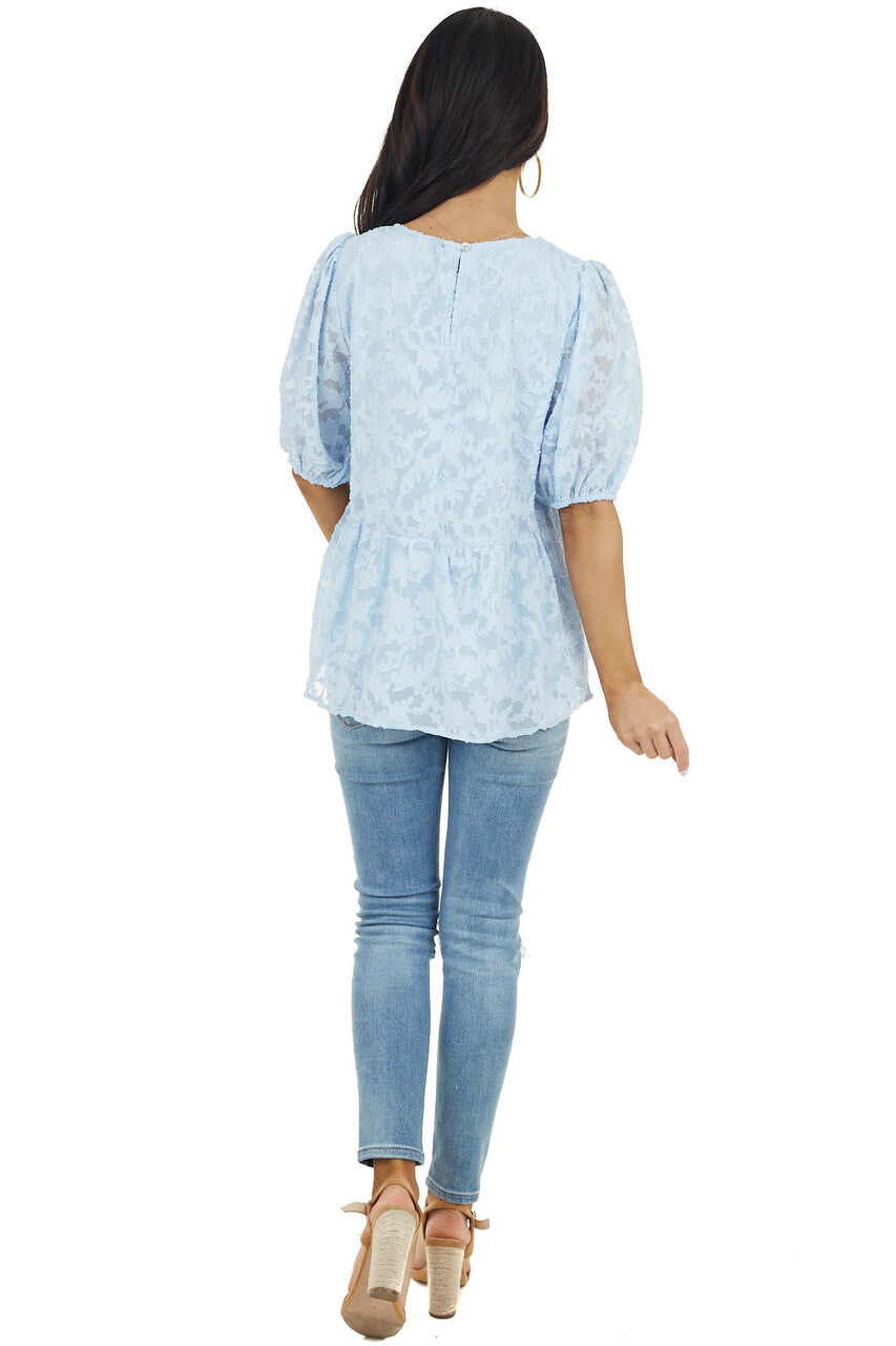 Powder Blue Floral Lace Peplum Top with Short Puff Sleeves