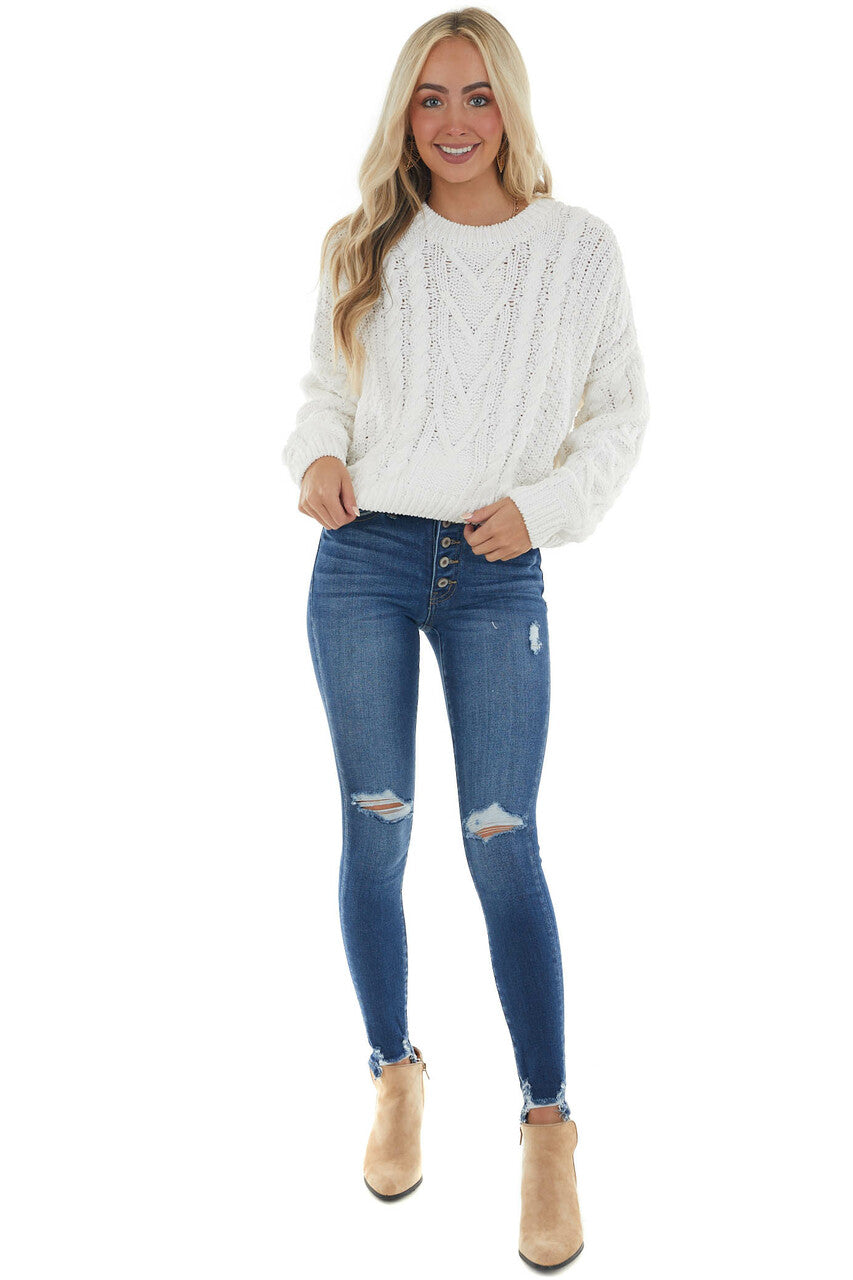 Vanilla Slight Crop Cable Knit Sweater 