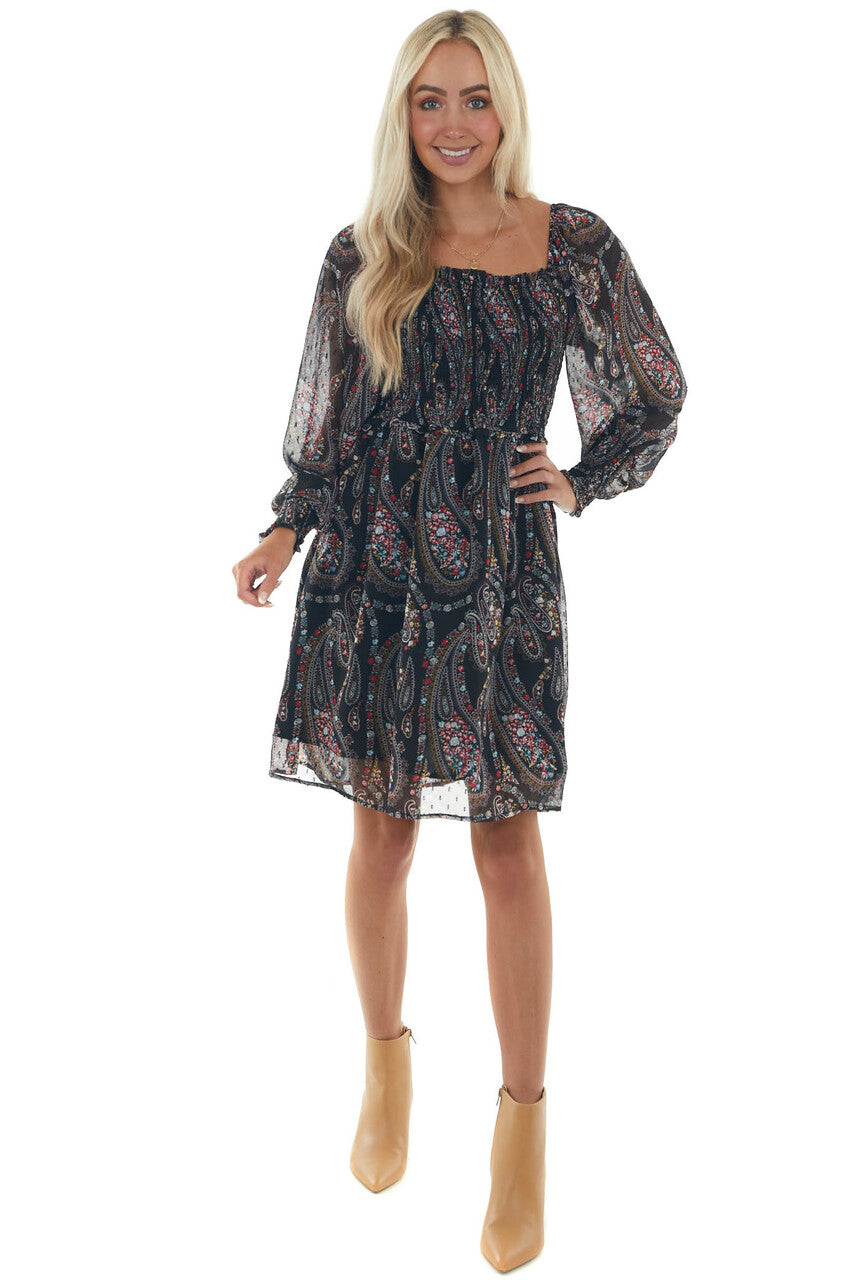 Black Paisley Print Smocked Woven Short Dress