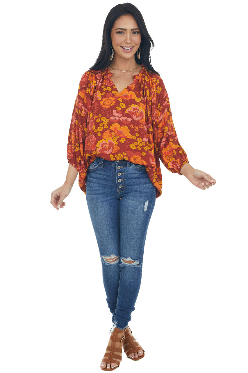 Cinnamon Floral Print Peasant Style Blouse