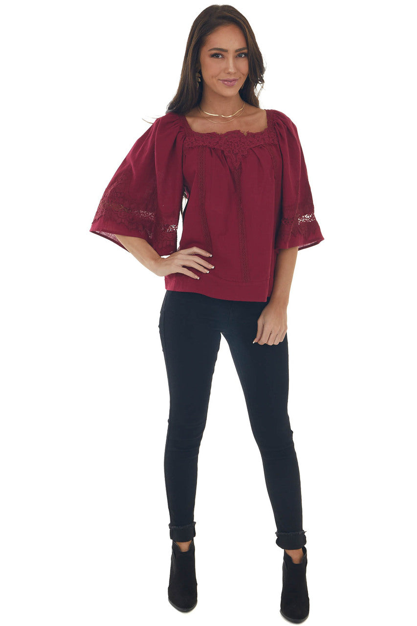 Maroon Flare Sleeve Lace Trim Blouse