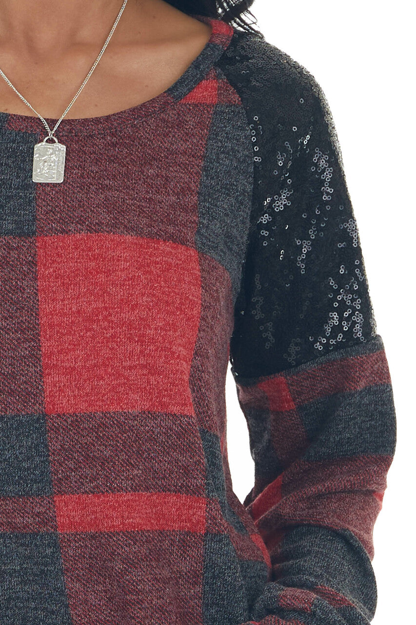 Pomegranate Plaid Black Sequin Shoulder Top