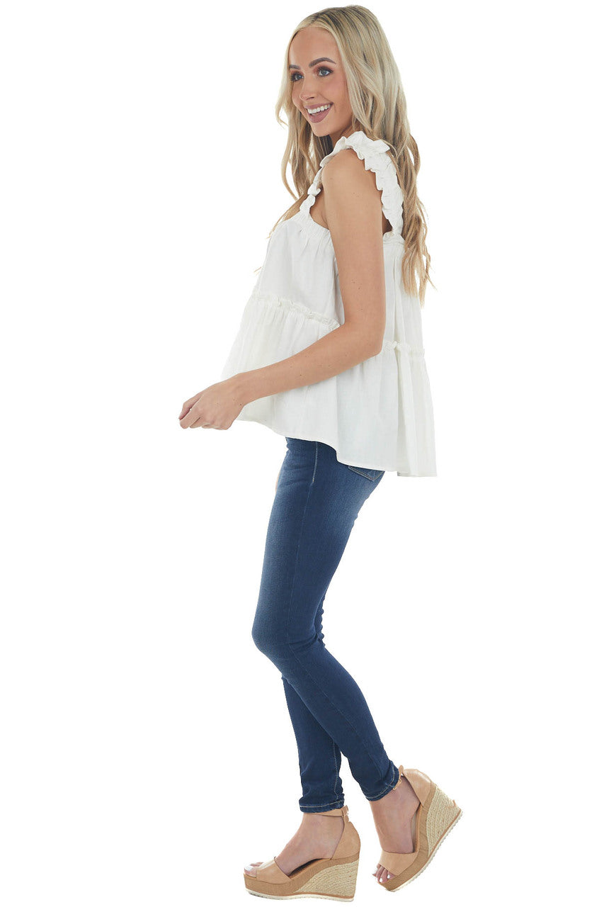 Off White Tank Top with Thick Ruffled Straps