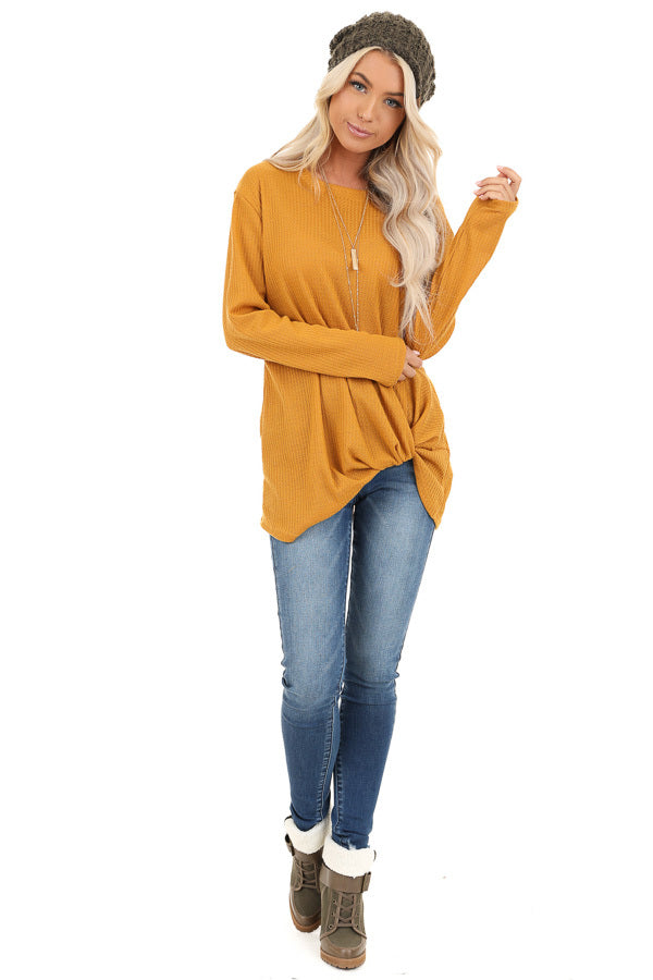 Deep Mustard Long Sleeve Waffle Knit Top with Twist Detail front full body