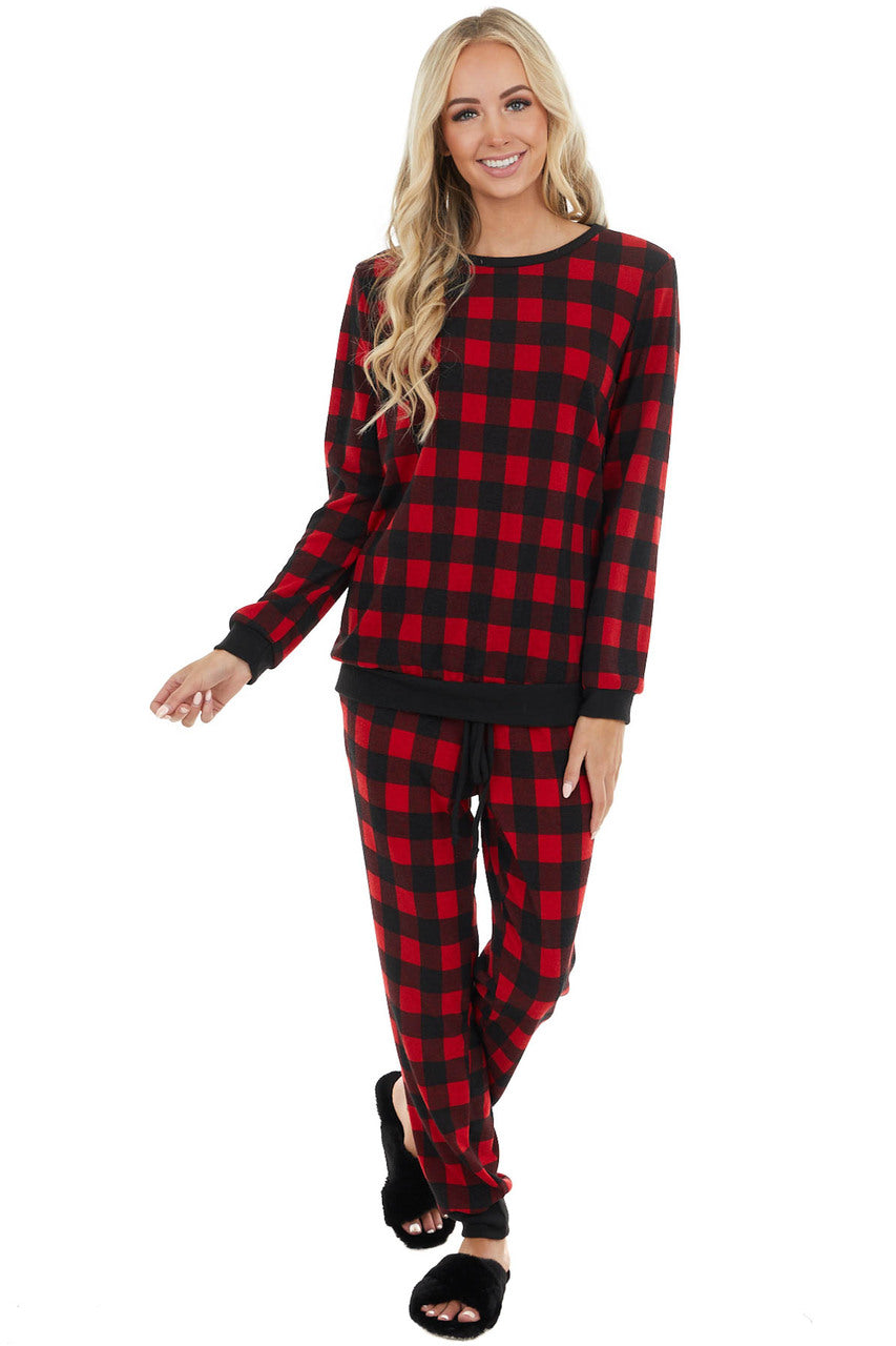 Cranberry Red and Black Buffalo Plaid Long Sleeve Knit Top