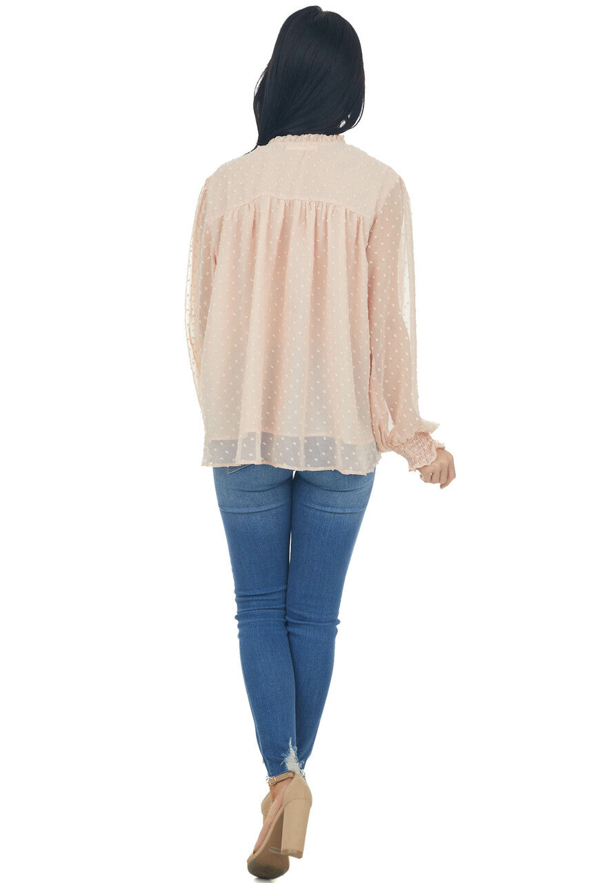 Peach Swiss Dot Smocked Peasant Style Blouse