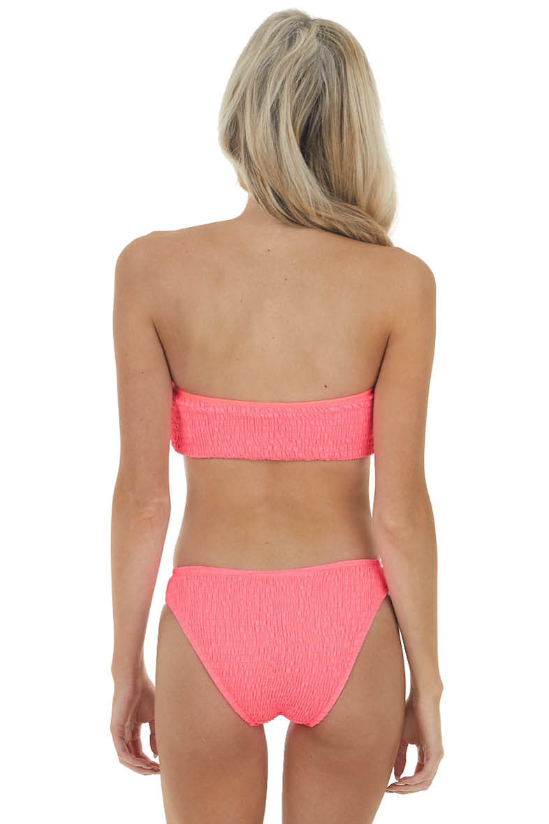 Neon Pink Bandeau Smocked Bikini Set with Ladder Cut Outs