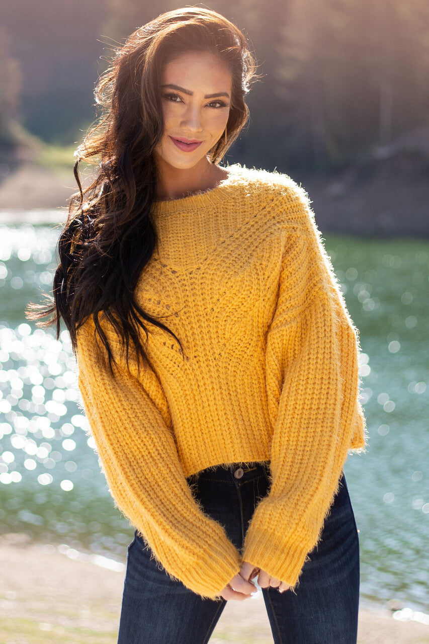 Amber Long Sleeve Fuzzy Cable Knit Sweater