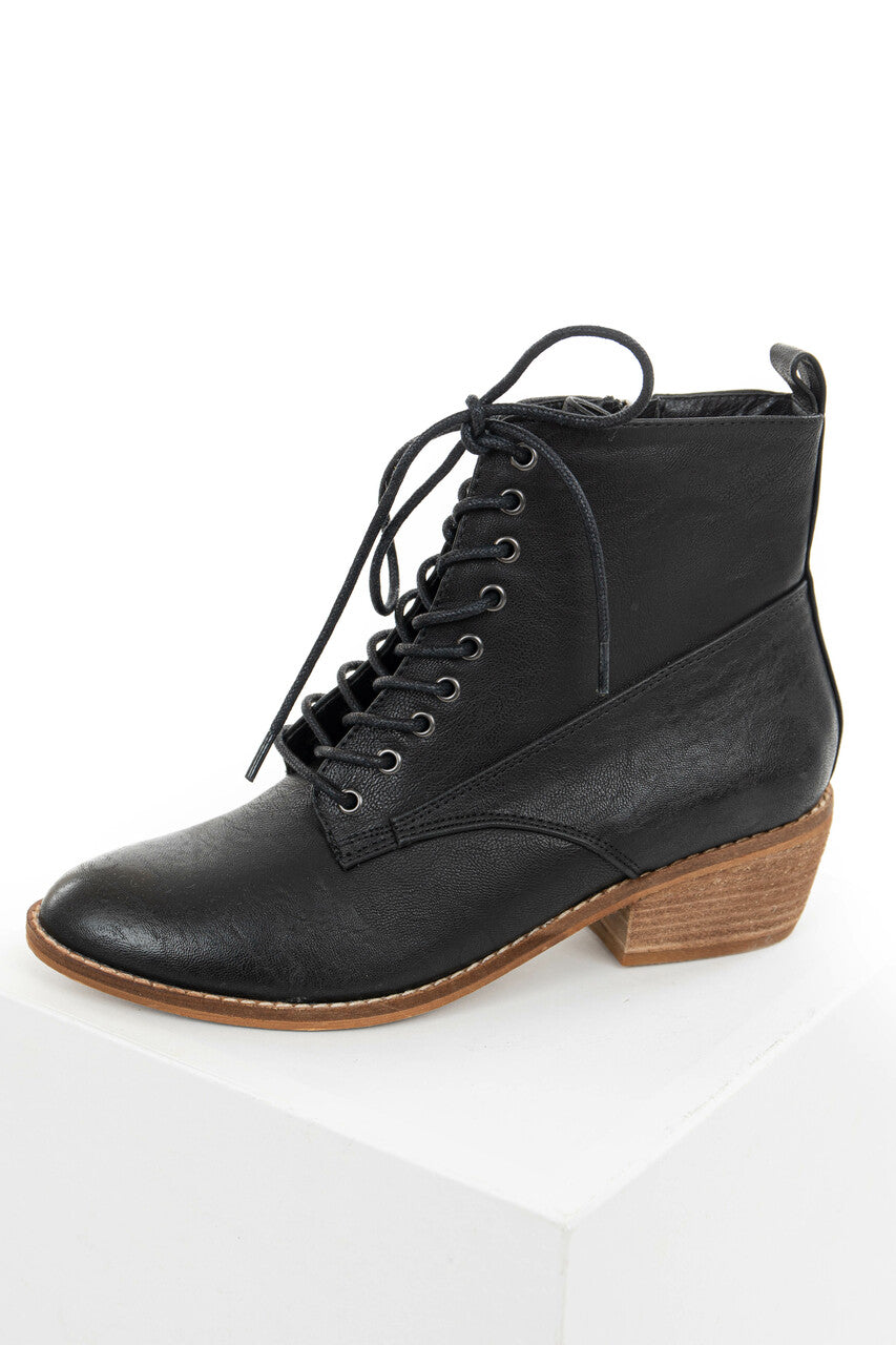 Black Faux Leather High Heeled Booties with Lace Up Front 