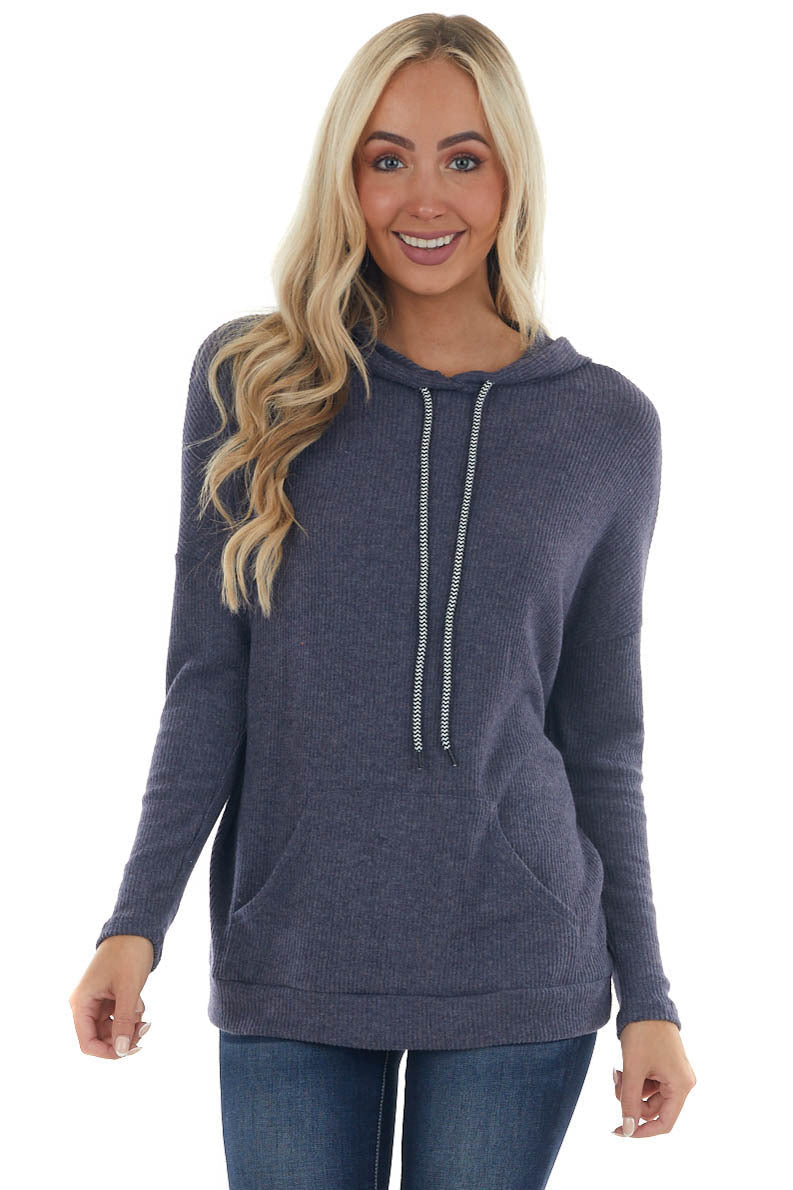 Navy Knit Sweatshirt with Striped Drawstrings 