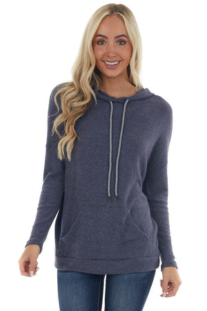 Navy Knit Sweatshirt with Striped Drawstrings 